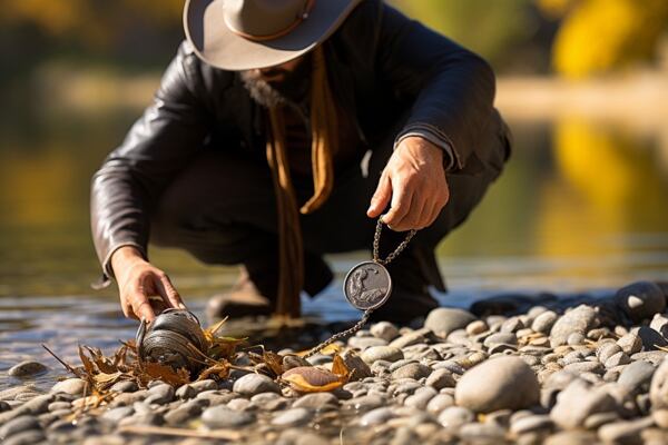 Magnet fishing u řeky. Magnet fishing u řeky