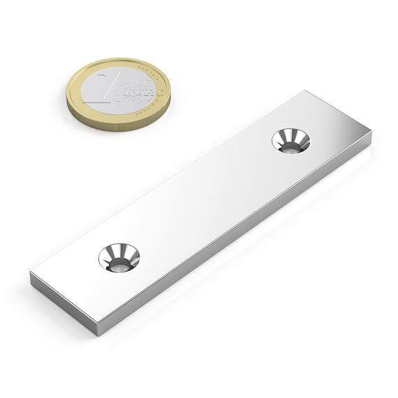 Neodymový magnet kvádr 80 × 20 × 4 mm, 2 otvory M4, síla 18 kg