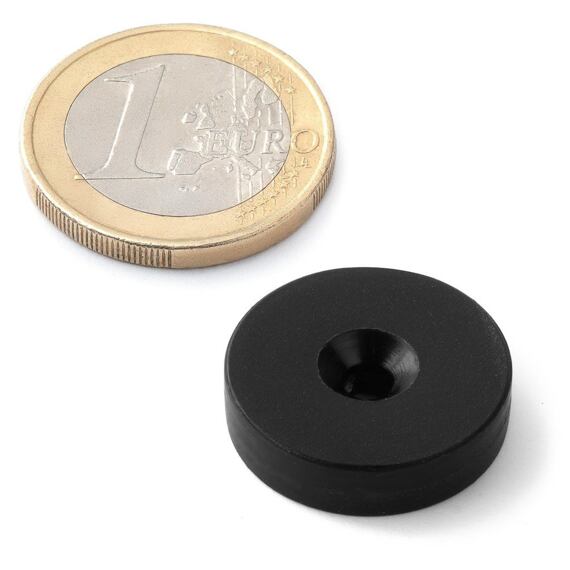 Neodymový kruhový magnet Ø 25/9-4,5 mm, v. 6 mm, vodotěsný v plastu, M4, síla 4,8 kg