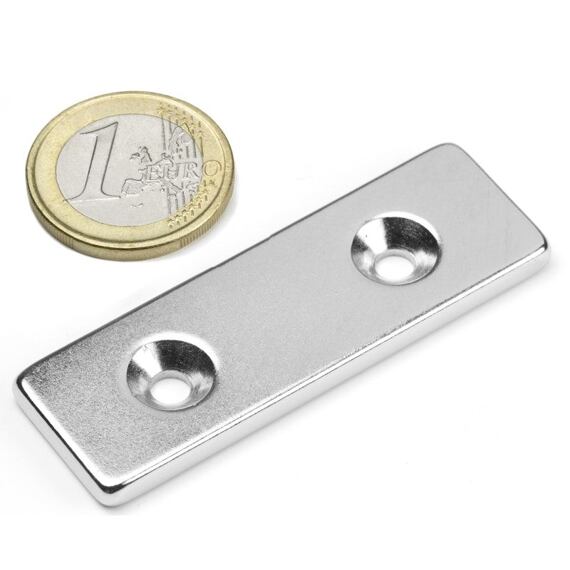 Neodymový magnet kvádr 60 × 20 × 4 mm, 2 otvory M4, síla 10 kg