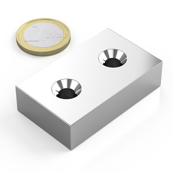 Neodymový magnet kvádr 50 × 30 × 13 mm, 2 otvory M6, síla 41 kg
