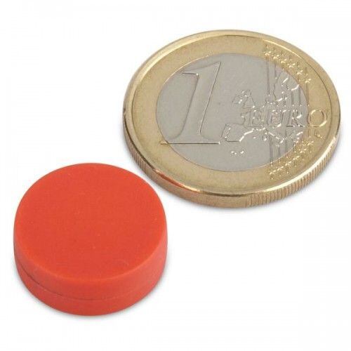 Neodymový magnet kotouč Ø 16 mm, v. 6 mm, červený, vodotěsný plast, síla 2,6 kg