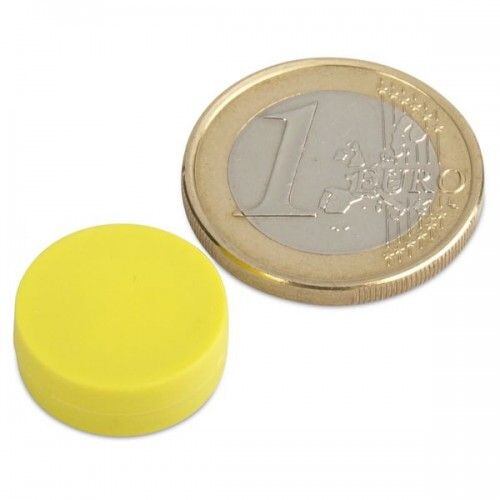 Neodymový magnet kotouč Ø 16 mm, v. 6 mm, žlutý, vodotěsný plast, síla 2,6 kg